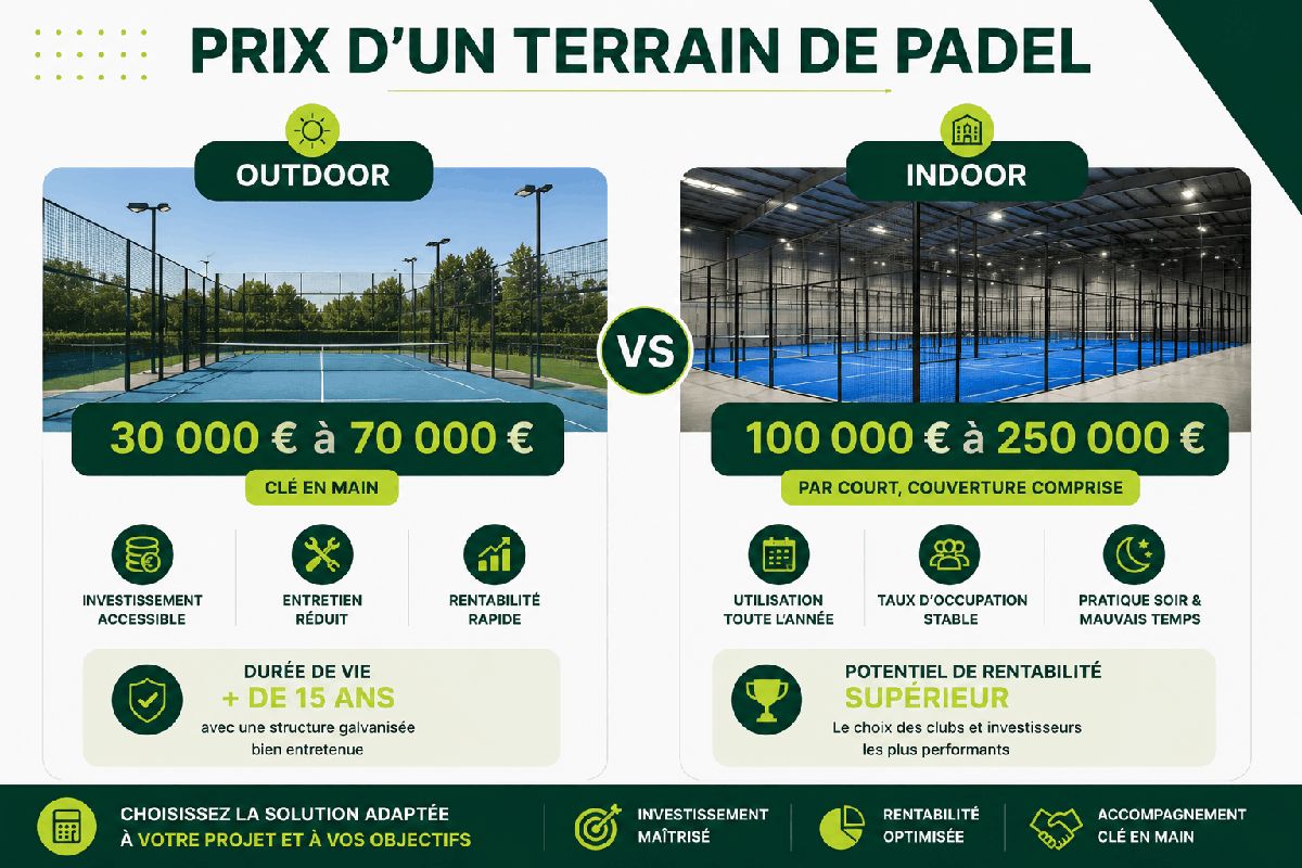 Comparatif visuel des prix d'un terrain de padel outdoor vs indoor en 2026