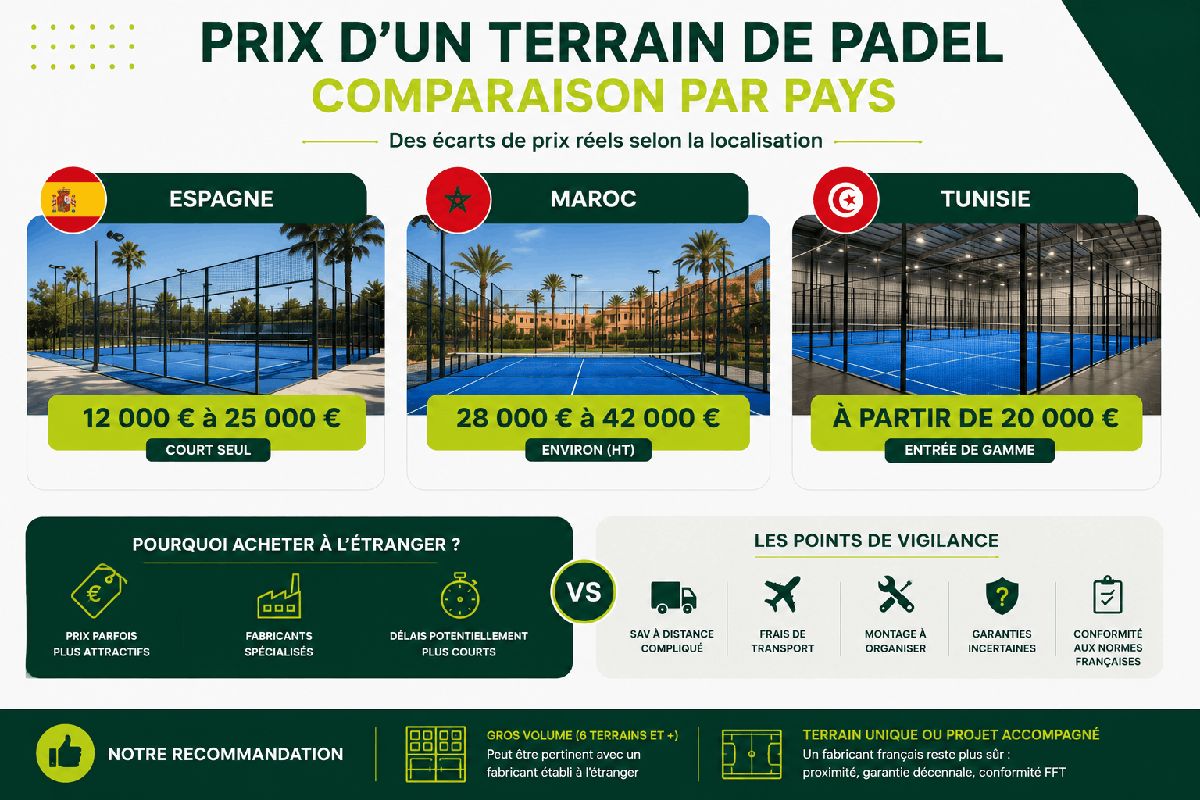 Comparatif des prix d'un terrain de padel en France, Espagne, Maroc et Tunisie en 2026