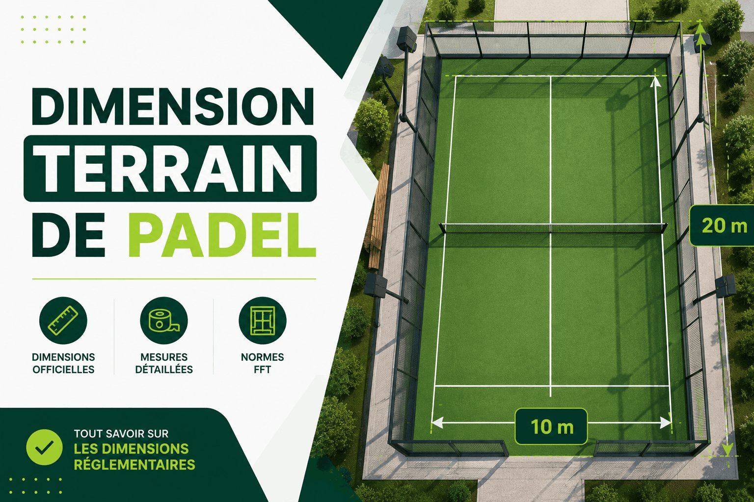 Dimensions officielles d'un terrain de padel : 20 mètres par 10 mètres, hauteur des parois, filet