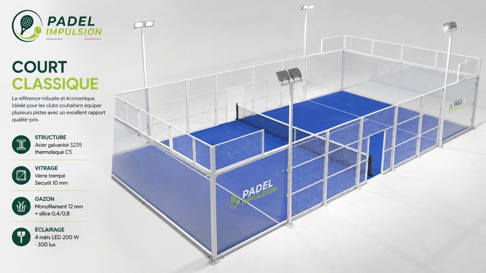 Court de padel classique avec structure métallique fermée