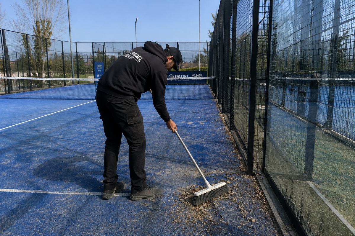 Nettoyage d'un terrain de padel le long des parois vitrées