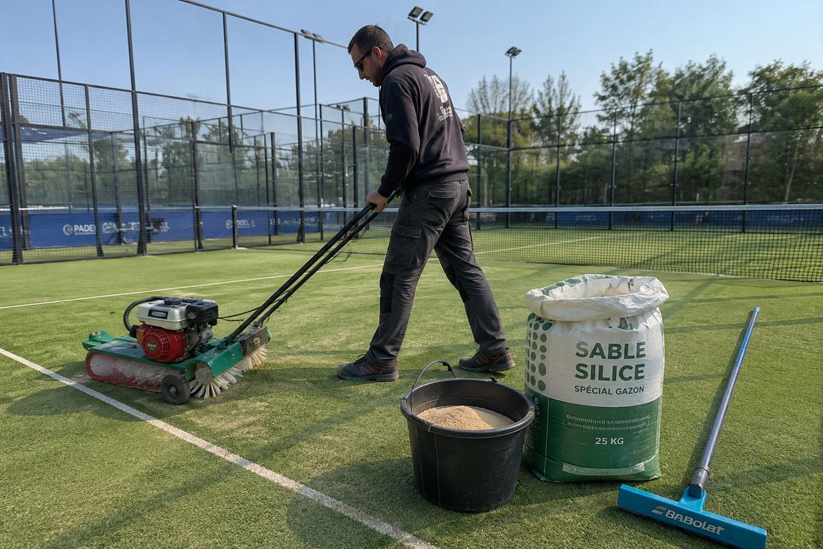 Rechargement du sable de silice et brossage du gazon d'un terrain de padel